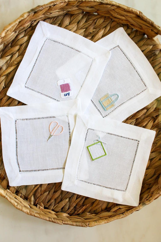 Needlepoint Themed Cocktail Napkins | Embroidered Linen Cocktail Napkins | Stitcher Gift, Needlepoint Gift | Hostess Gift | Set of 4