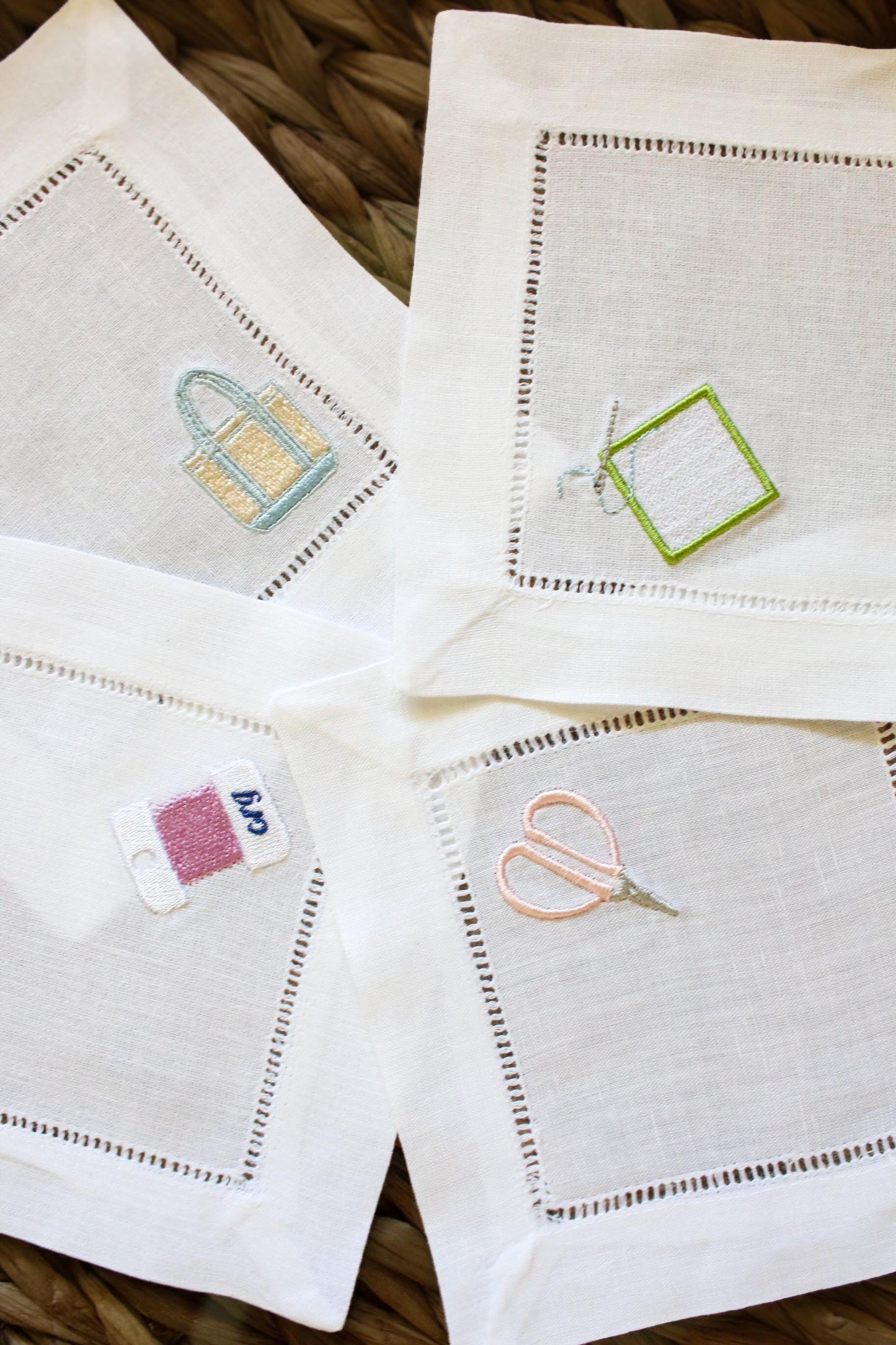 Needlepoint Themed Cocktail Napkins | Embroidered Linen Cocktail Napkins | Stitcher Gift, Needlepoint Gift | Hostess Gift | Set of 4