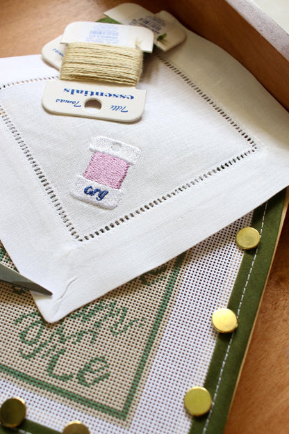 Needlepoint Themed Cocktail Napkins | Embroidered Linen Cocktail Napkins | Stitcher Gift, Needlepoint Gift | Hostess Gift | Set of 4