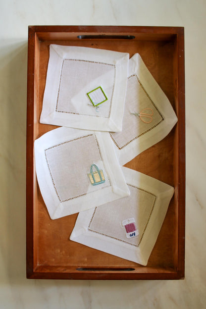 Needlepoint Themed Cocktail Napkins | Embroidered Linen Cocktail Napkins | Stitcher Gift, Needlepoint Gift | Hostess Gift | Set of 4