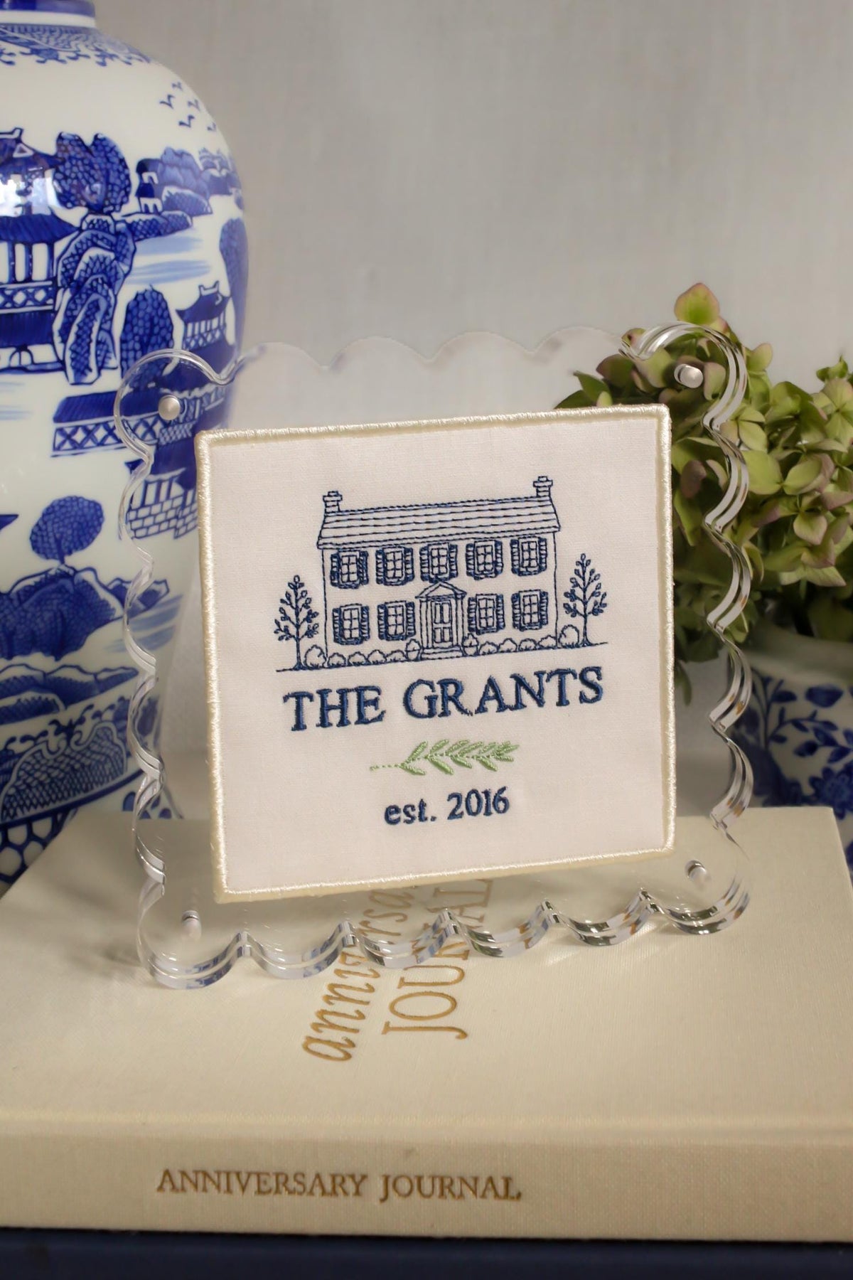 Custom House Portrait | Personalized Embroidered Home Portrait in Scalloped Lucite Frame | Housewarming Gift | Realtor Gift