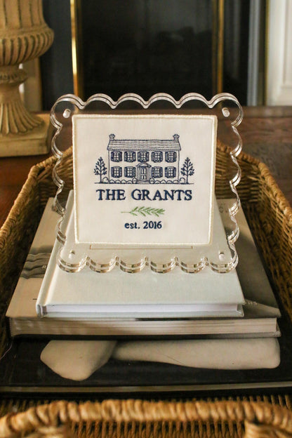 Custom House Portrait | Personalized Embroidered Home Portrait in Scalloped Lucite Frame | Housewarming Gift | Realtor Gift