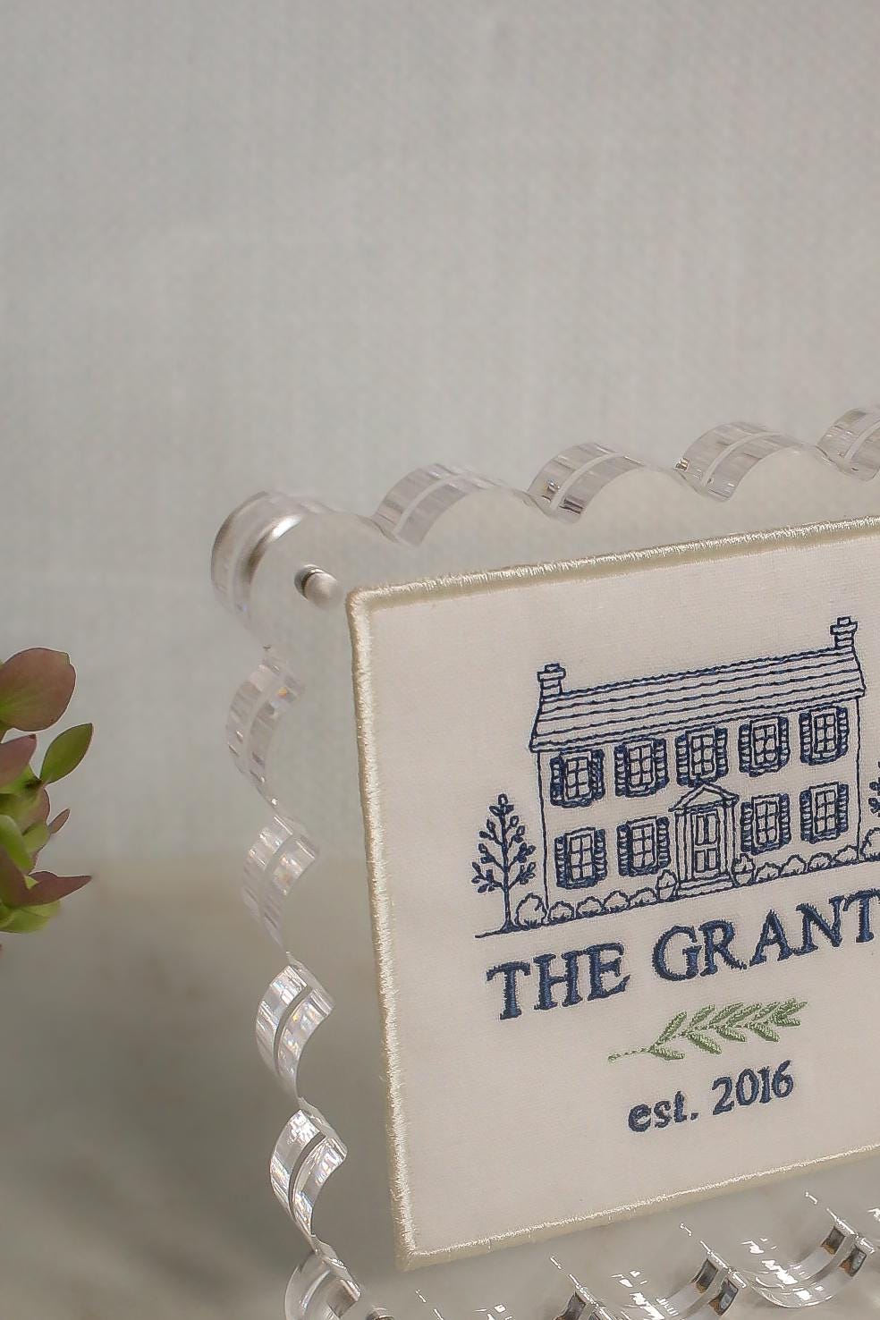 Custom House Portrait | Personalized Embroidered Home Portrait in Scalloped Lucite Frame | Housewarming Gift | Realtor Gift