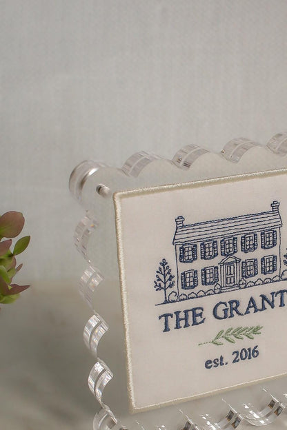 Custom House Portrait | Personalized Embroidered Home Portrait in Scalloped Lucite Frame | Housewarming Gift | Realtor Gift