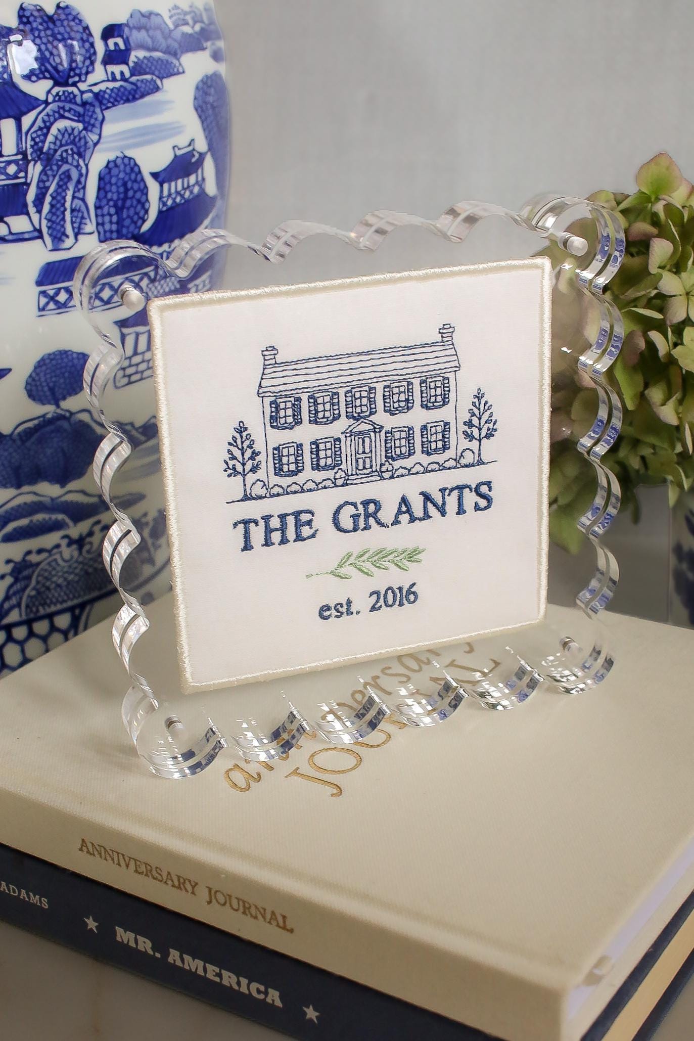 Custom House Portrait | Personalized Embroidered Home Portrait in Scalloped Lucite Frame | Housewarming Gift | Realtor Gift