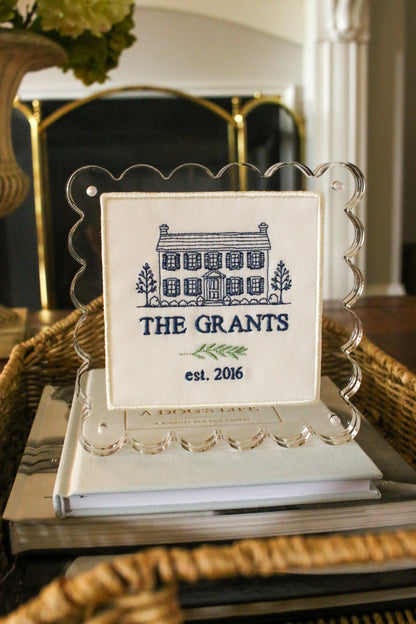 Custom House Portrait | Personalized Embroidered Home Portrait in Scalloped Lucite Frame | Housewarming Gift | Realtor Gift