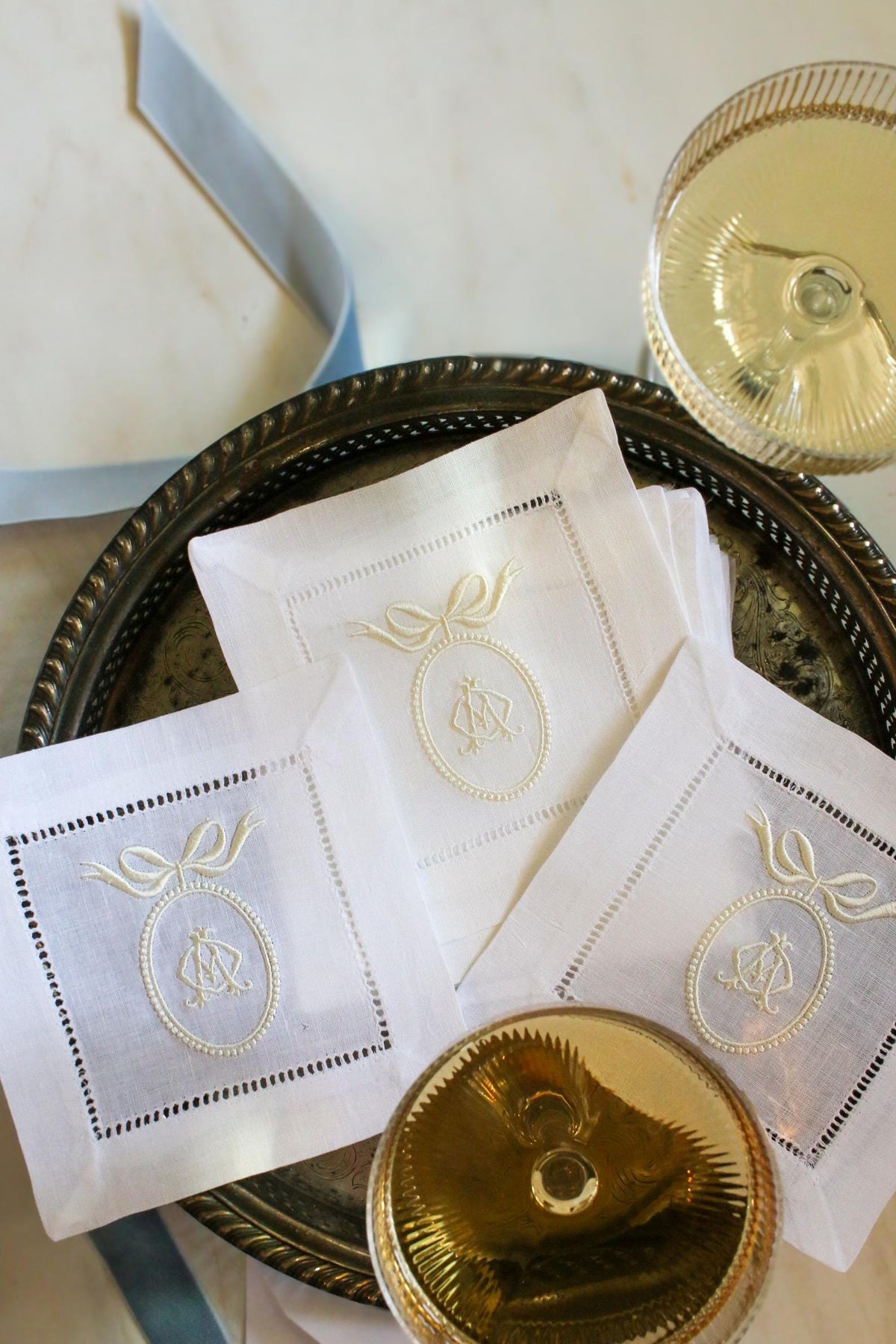 Custom Crest Embroidered Cocktail Napkins | Interlocking Monogram | Custom Linen Set | Bridal Shower Gift | Newlywed Gift