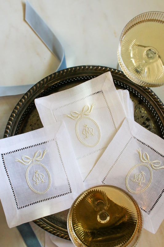 Custom Crest Embroidered Cocktail Napkins | Interlocking Monogram | Custom Linen Set | Bridal Shower Gift | Newlywed Gift