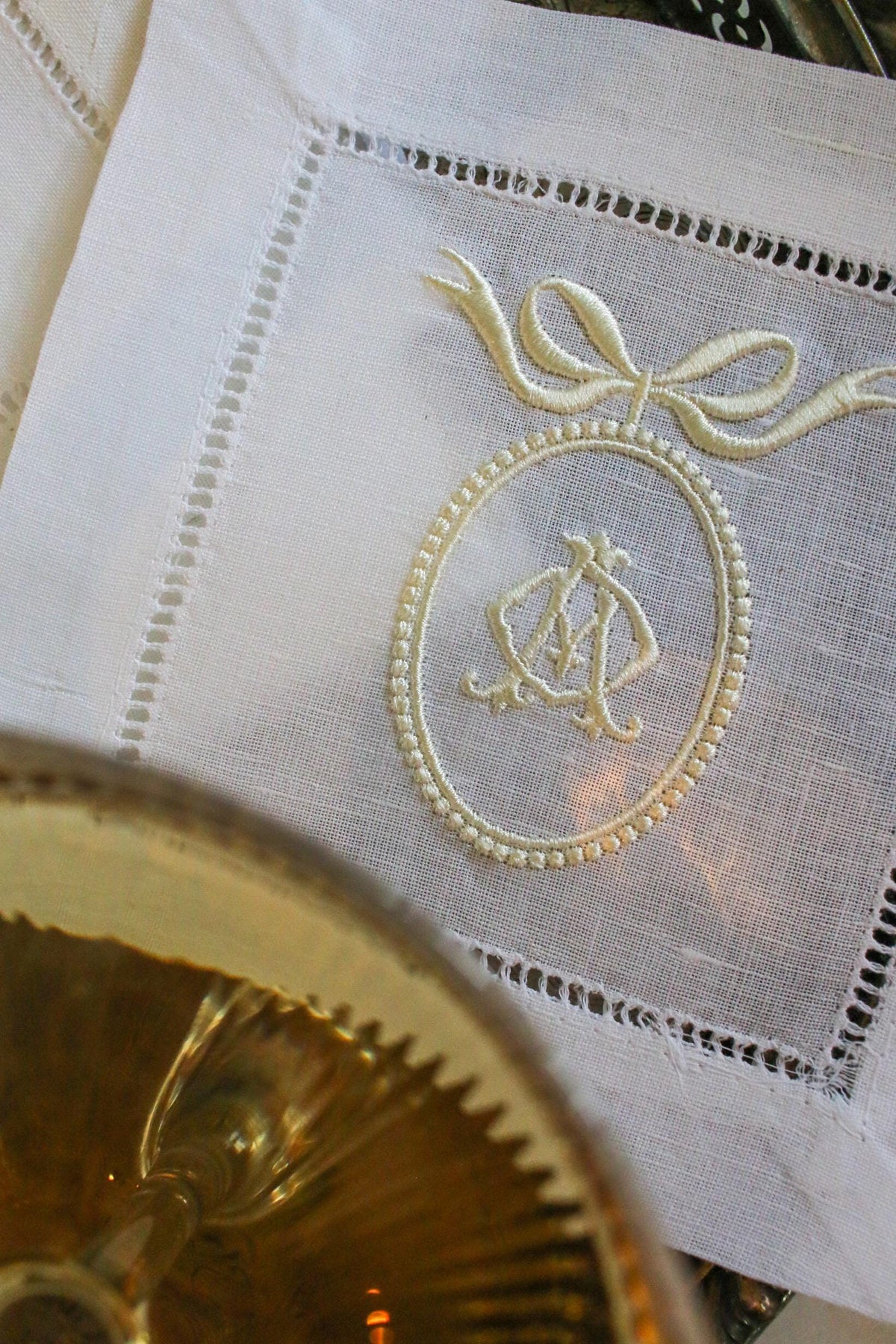 Custom Crest Embroidered Cocktail Napkins | Interlocking Monogram | Custom Linen Set | Bridal Shower Gift | Newlywed Gift