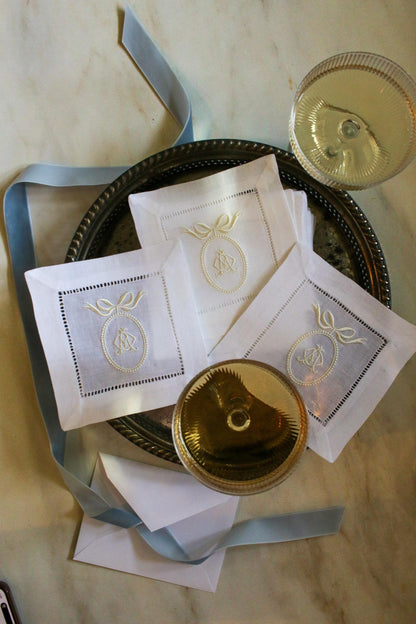 Custom Crest Embroidered Cocktail Napkins | Interlocking Monogram | Custom Linen Set | Bridal Shower Gift | Newlywed Gift