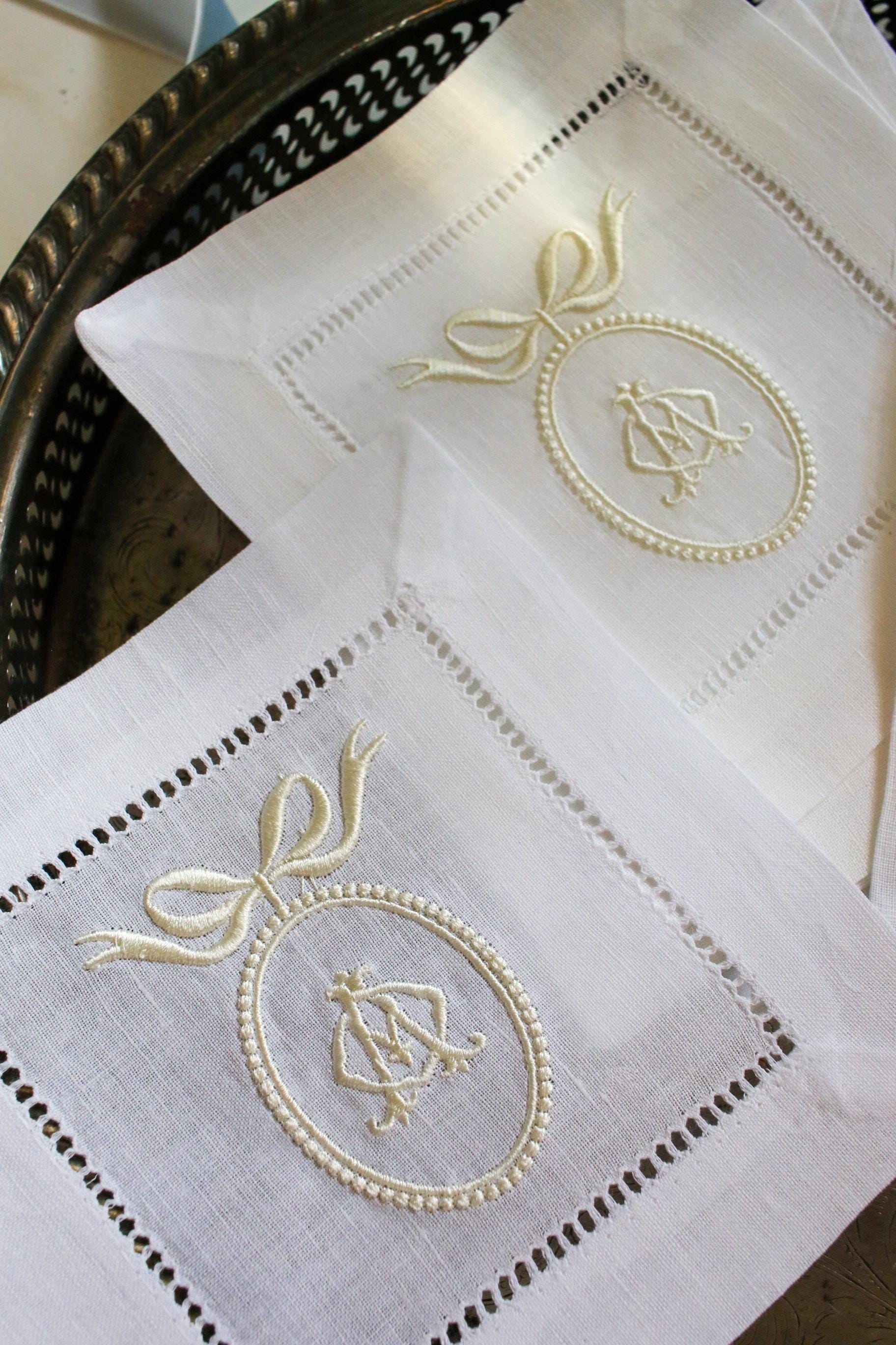 Custom Crest Embroidered Cocktail Napkins | Interlocking Monogram | Custom Linen Set | Bridal Shower Gift | Newlywed Gift