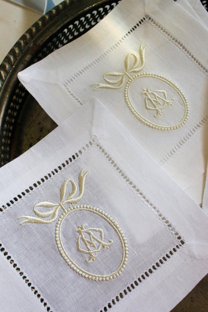 Custom Crest Embroidered Cocktail Napkins | Interlocking Monogram | Custom Linen Set | Bridal Shower Gift | Newlywed Gift