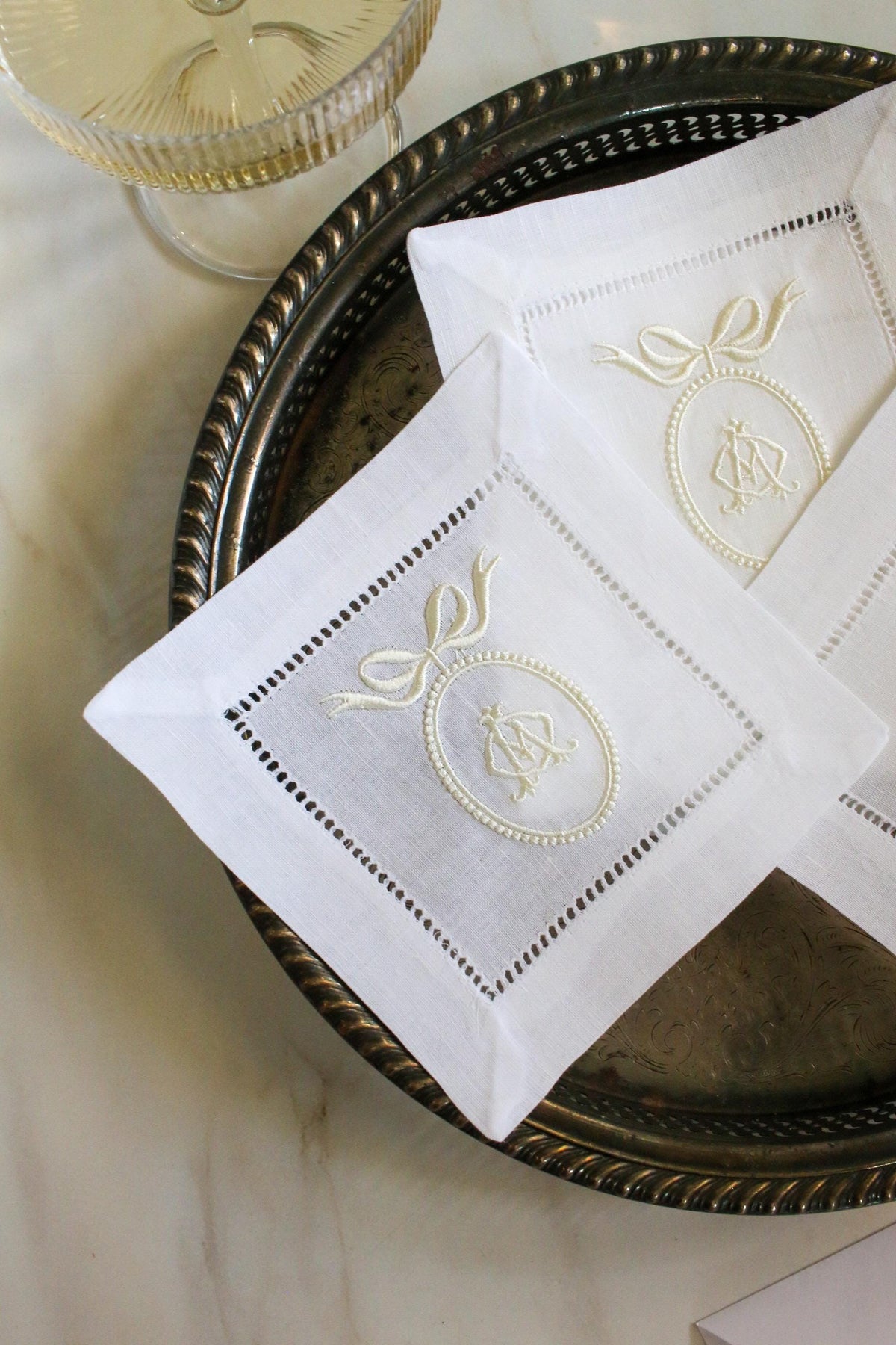 Custom Crest Embroidered Cocktail Napkins | Interlocking Monogram | Custom Linen Set | Bridal Shower Gift | Newlywed Gift