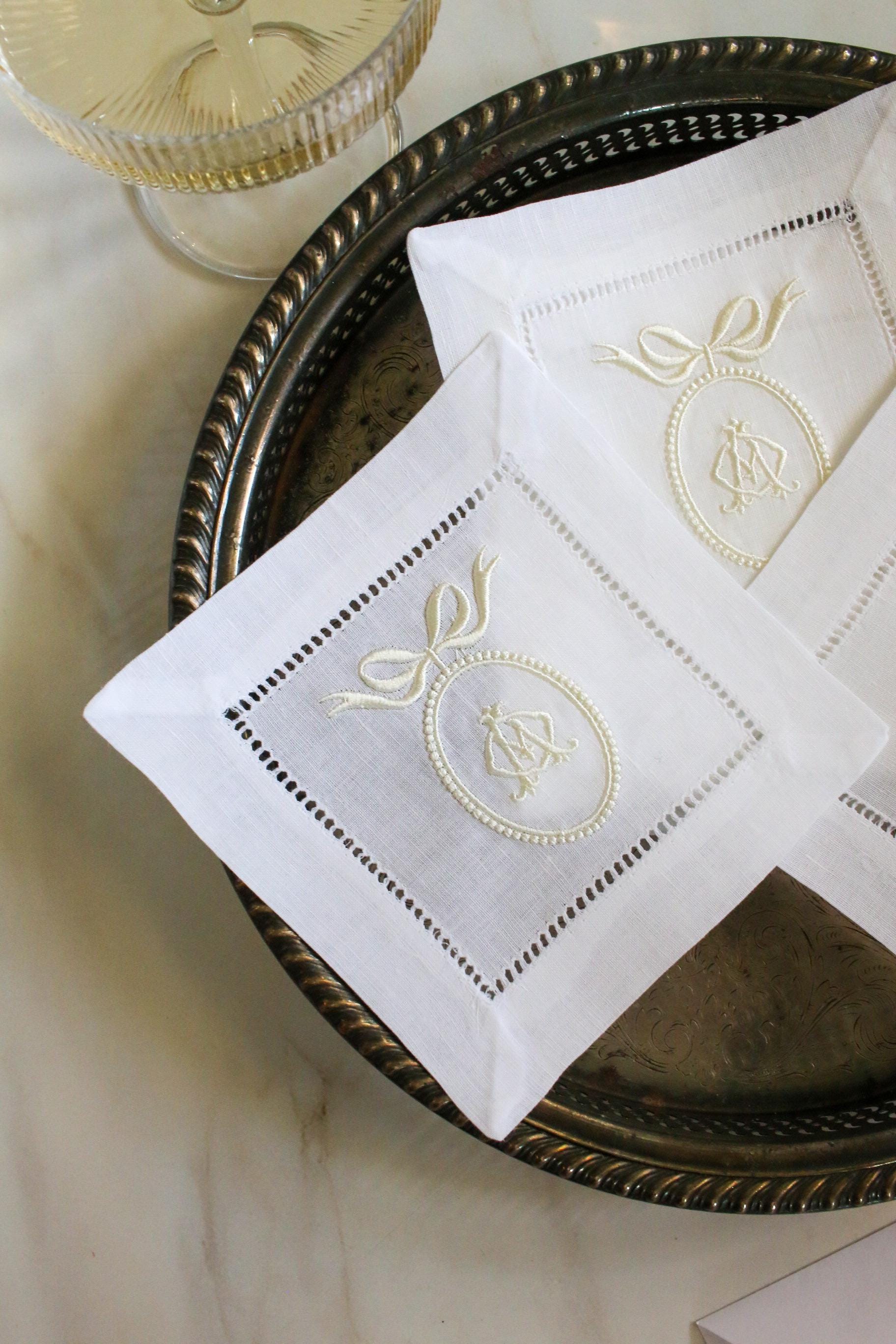 Custom Crest Embroidered Cocktail Napkins | Interlocking Monogram | Custom Linen Set | Bridal Shower Gift | Newlywed Gift