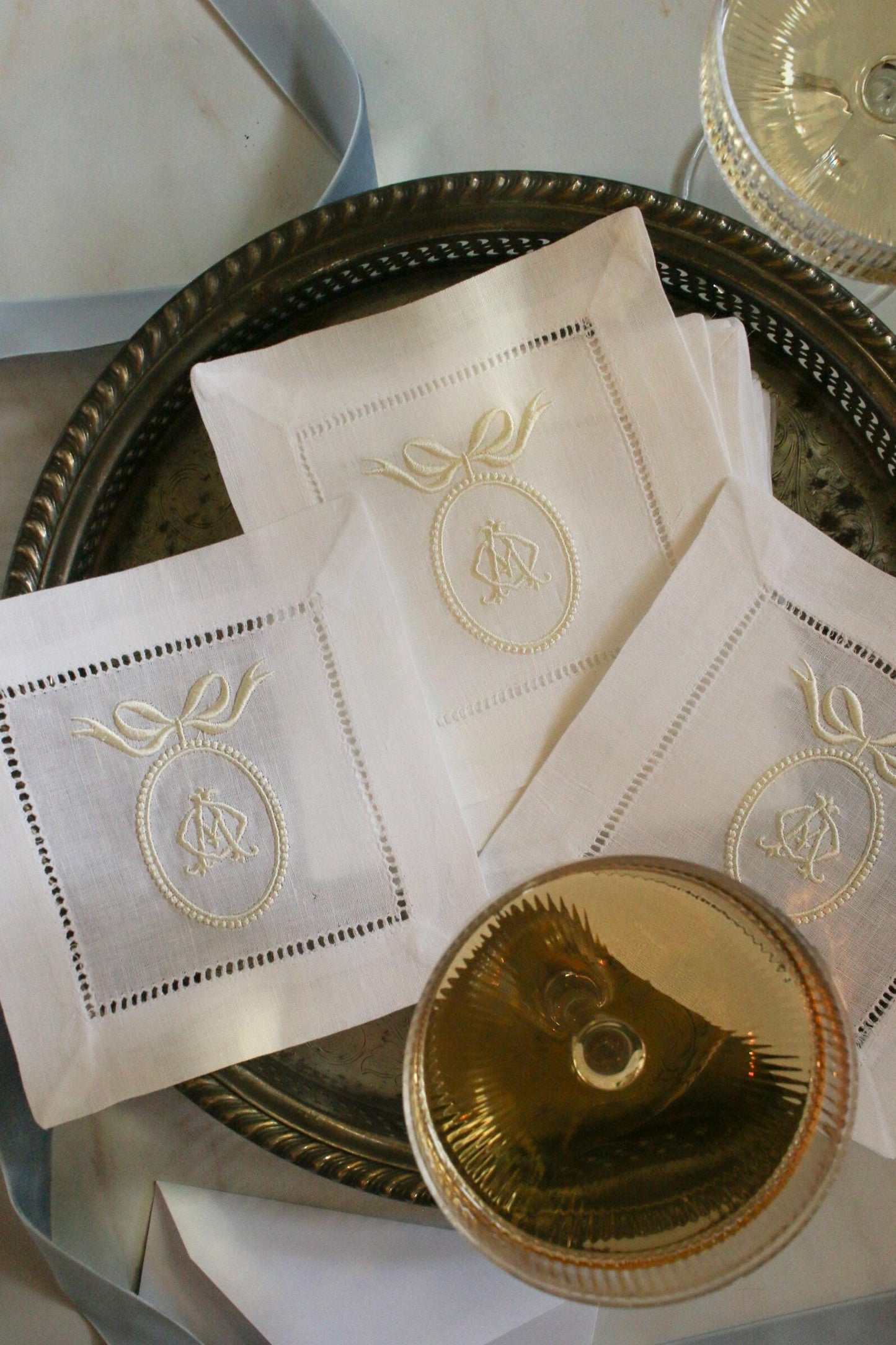 Custom Crest Embroidered Cocktail Napkins | Interlocking Monogram | Custom Linen Set | Bridal Shower Gift | Newlywed Gift