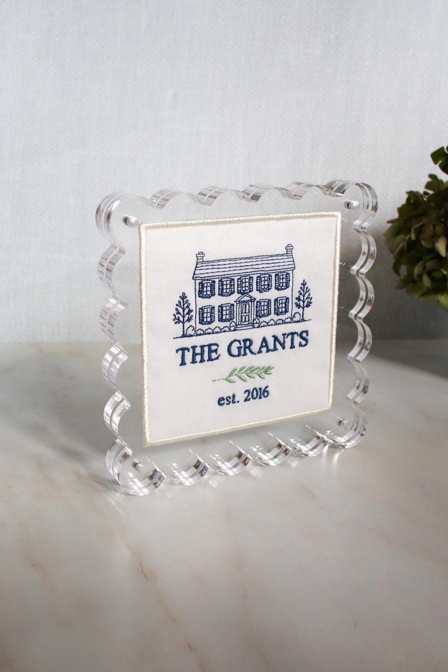 Custom House Portrait | Personalized Embroidered Home Portrait in Scalloped Lucite Frame | Housewarming Gift | Realtor Gift