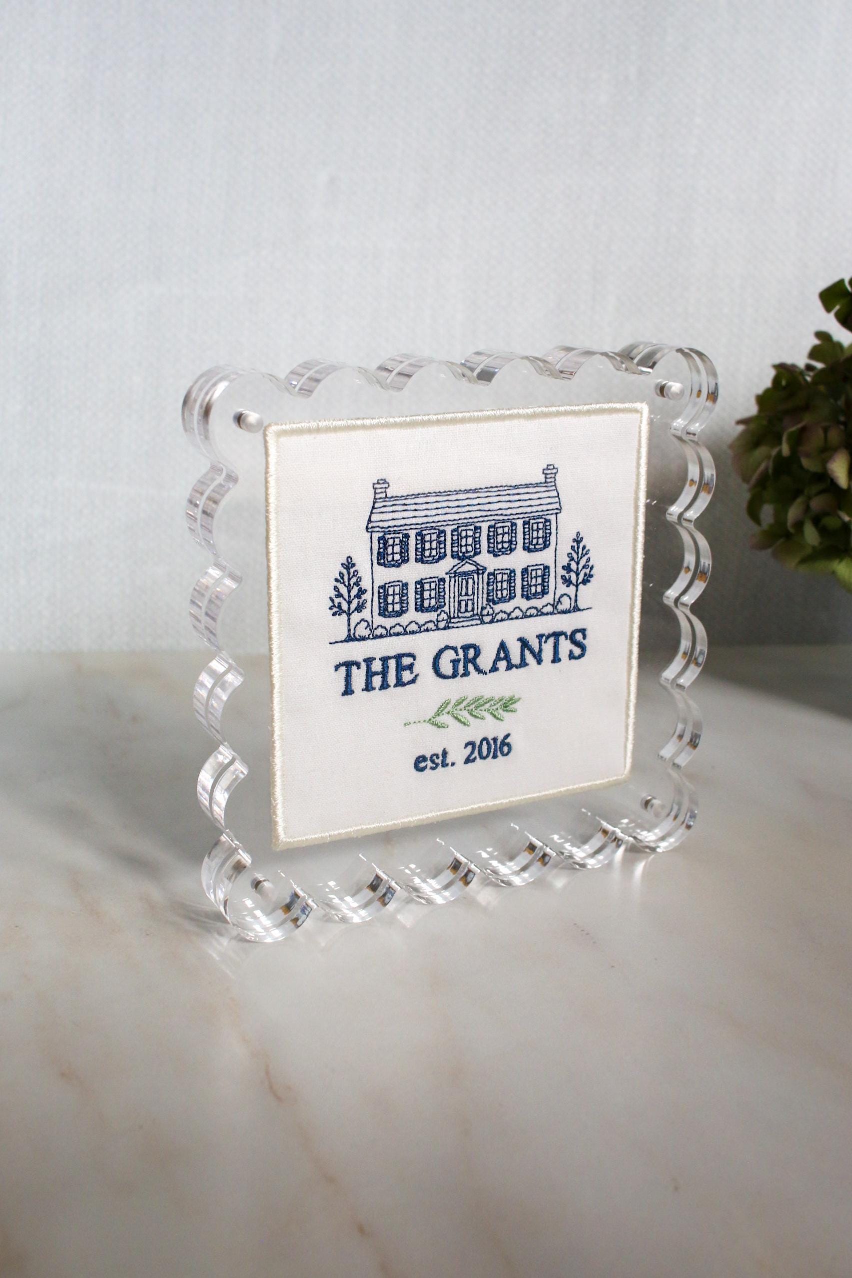 Custom House Portrait | Personalized Embroidered Home Portrait in Scalloped Lucite Frame | Housewarming Gift | Realtor Gift