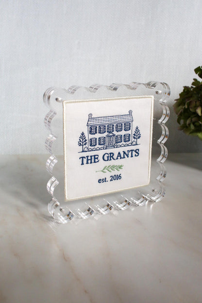 Custom House Portrait | Personalized Embroidered Home Portrait in Scalloped Lucite Frame | Housewarming Gift | Realtor Gift