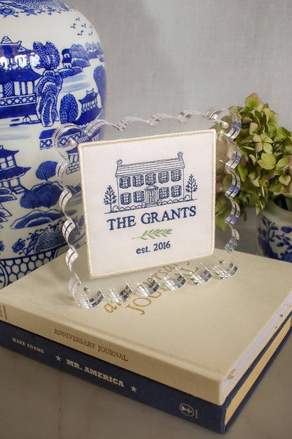 Custom House Portrait | Personalized Embroidered Home Portrait in Scalloped Lucite Frame | Housewarming Gift | Realtor Gift