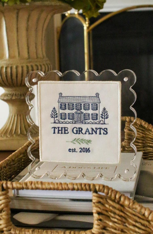 Custom House Portrait | Personalized Embroidered Home Portrait in Scalloped Lucite Frame | Housewarming Gift | Realtor Gift