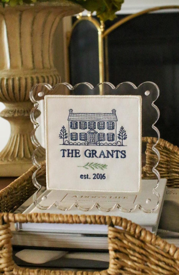 Embroidered Home Portrait in Scalloped Lucite Frame
