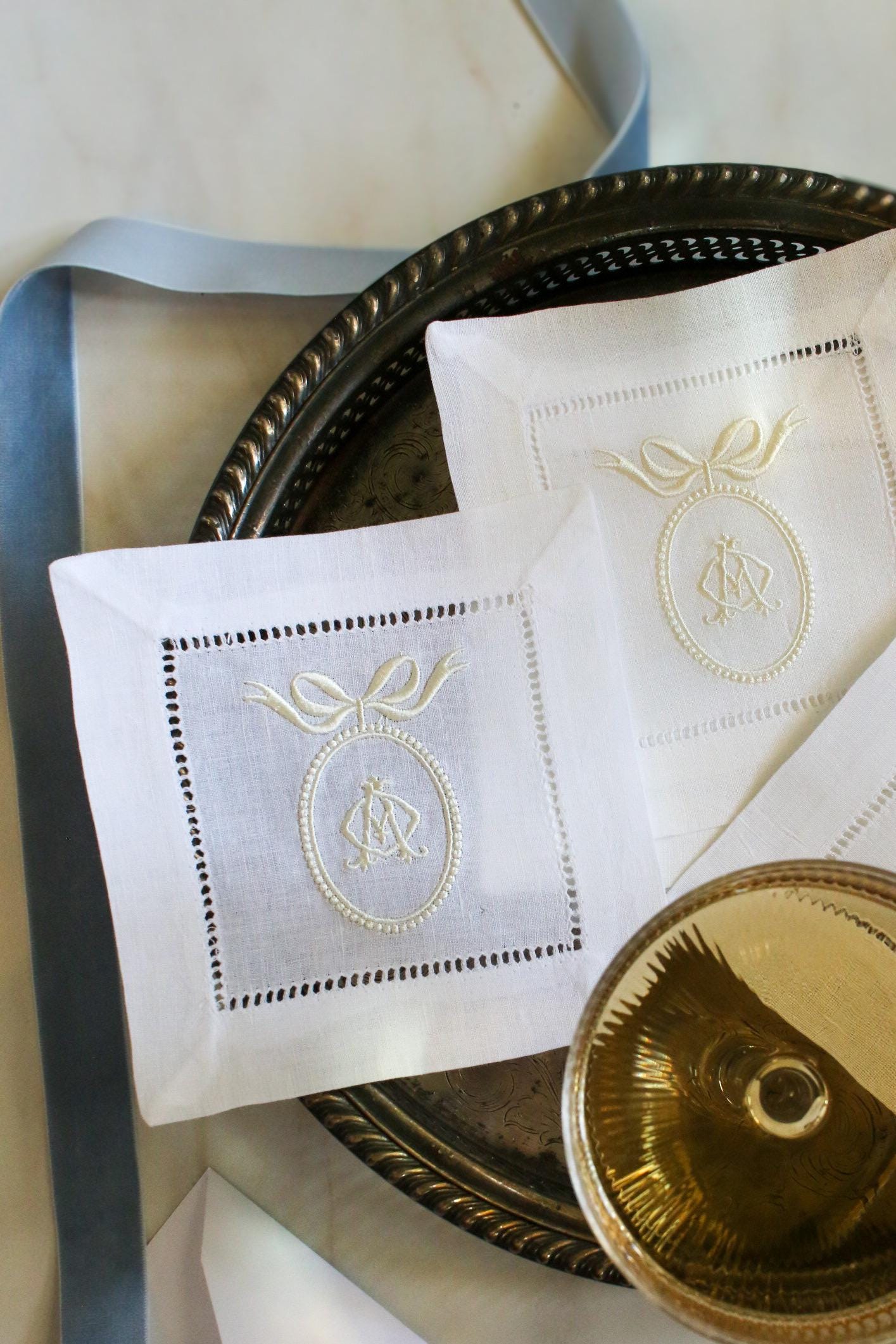 Custom Crest Embroidered Cocktail Napkins | Interlocking Monogram | Custom Linen Set | Bridal Shower Gift | Newlywed Gift
