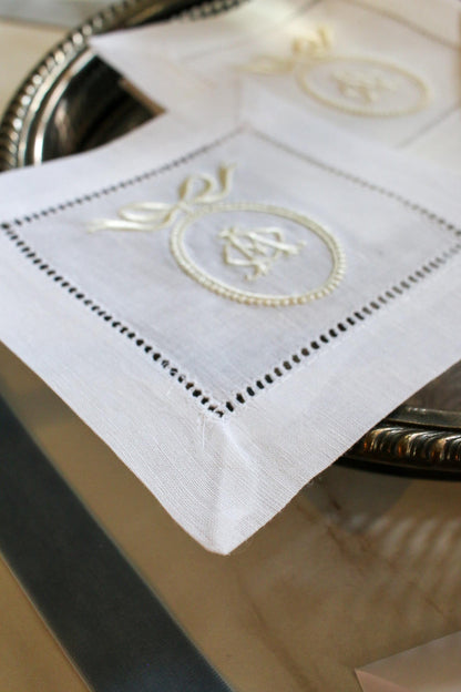 Custom Crest Embroidered Cocktail Napkins | Interlocking Monogram | Custom Linen Set | Bridal Shower Gift | Newlywed Gift