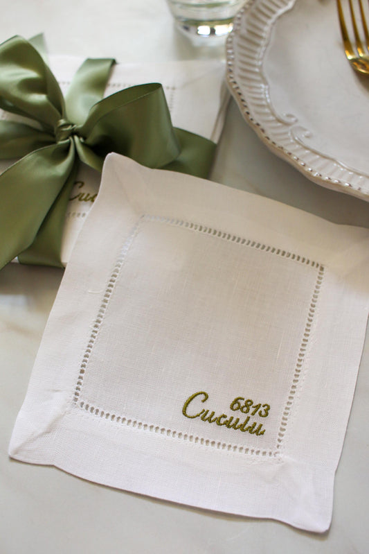 Personalized Address Embroidered Cocktail Napkins | Set of 4 | Hostess Gifts | Wedding Gifts | Housewarming Gifts | Realtor Closing Gift