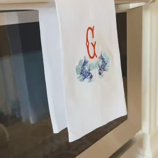 Koi Embroidered Linen Tea Towel | Custom Monogrammed Bar Cart Decor | Gifts for Home | Grandmillenial Gifts