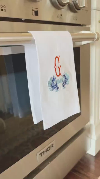 Koi Embroidered Linen Tea Towel | Custom Monogrammed Bar Cart Decor | Gifts for Home | Grandmillenial Gifts